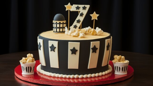 A cake for a 73rd birthday, with a number 73 candle and a vintage movie theater marquee frosting design.