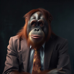 Image of a tapanuli orangutan businessman wearing a suit on clean background. Wildlife Animals. Illustration, generative AI.