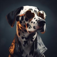 Image of stylish cool dalmatian dog wearing sunglasses as fashion and wore a leather jacket. Modern fashion, Animals, Illustration, Generative AI.