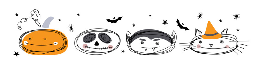 Smiling Halloween characters. Happy Halloween banner. Halloween pumpkin, skeleton, vampire, cat. Anthropomorphic face characters. Hand drawn sketch in doodle outline style. Funny vector print.