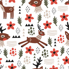 Modern Christmas seamless pattern with reindeer. Scandinavian Xmas seamless background with funny animal and natural abstract organic shapes. Repeat vector illustration