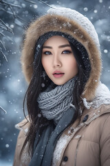 Close-up of Asian woman in winter with hat and coat, snowing.