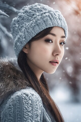 Close-up of Asian woman in winter with hat and coat, snowing.