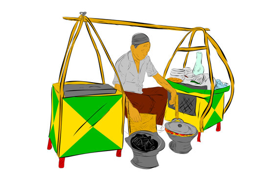 sketch kerak telur or telor maker and seller,indonesia traditional food, omelette dish made from coconut, sticky rice, chicken or duck egg