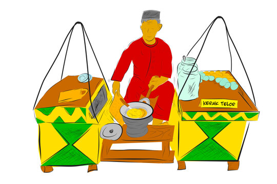 sketch kerak telur or telor maker and seller,indonesia traditional food, omelette dish made from coconut, sticky rice, chicken or duck egg