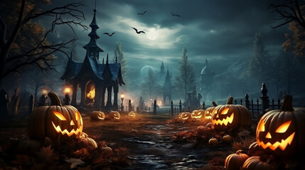Halloween background with scary pumpkins candles in the graveyard at night 3d Rendering - obrazy, fototapety, plakaty