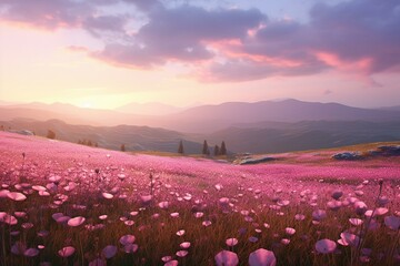 Vast scene of meadow covered in pink wildflowers. Generative AI