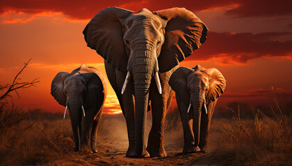 Elephants roam Africa savannah, a majestic sight in nature beauty generated by AI