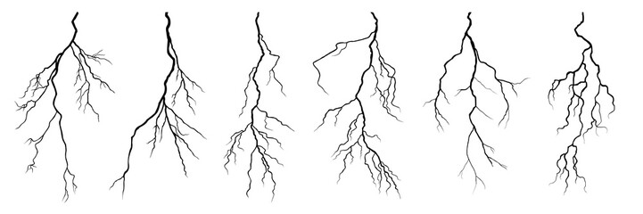 Vector lightning silhouettes set. Elements for thunderstorm. vector - obrazy, fototapety, plakaty