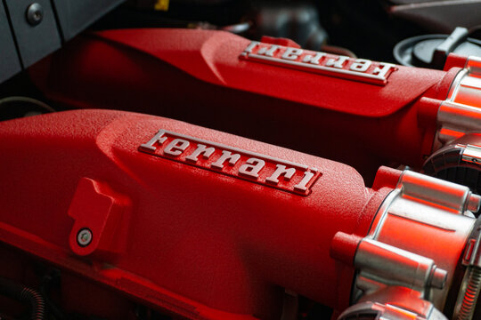 Ferrari V8 Red Engine Cover, Engine Bay View With Focus On Ferrari Inscription