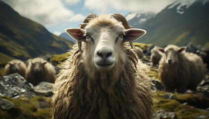 Obraz premium Cute livestock grazing on green meadow, mountain range in background generated by AI