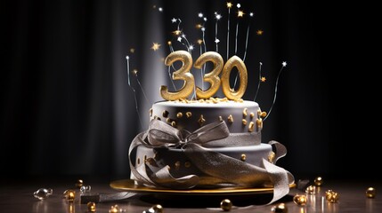 A cake for a 25th birthday, adorned with a number 25 candle and a silver and gold elegant...