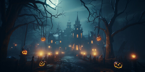 Halloween Scary ghost at night with a castle background 3d Rendering - obrazy, fototapety, plakaty