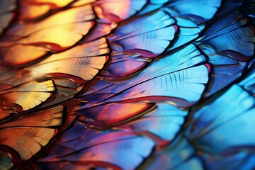 Close-up of butterfly wing, intricate structure reflecting light to form colorful spectrum. Generative AI