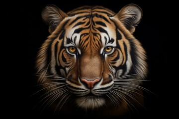 A tiger with a dark backdrop and distinct facial markings. Generative AI