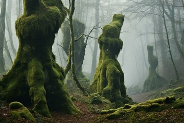 tree trunks covered with moss in foggy woods. Generative AI - obrazy, fototapety, plakaty
