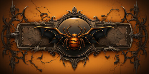 orange halloween banner with pumpkin spider and bats - obrazy, fototapety, plakaty