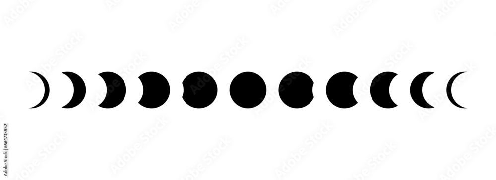 Wall mural full moon eclipse concept illustration. set of moon phases or stages. total sun eclipse and lunar cy