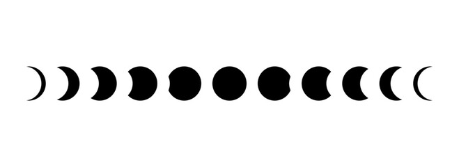 Full moon eclipse concept illustration. Set of moon phases or stages. Total sun eclipse and lunar cycle. Black and white vector elements collection for poster, banner, collage, brochure, cover - obrazy, fototapety, plakaty