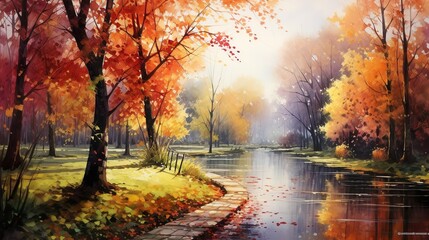 Naklejka na ściany i meble Autumn park spectacular lighting watercolor painting
