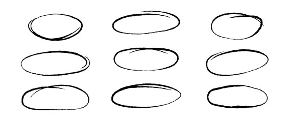 Rough highlight circles set. Doodle and scribble ellipses collection. Grunge hand drawn ovals or bubbles for emphasis. Sketchy marker round elements for collage, poster, banner, cover. Vector pack