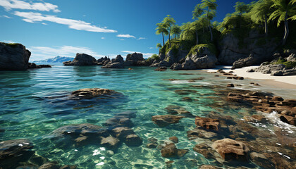 Tranquil scene  nature beauty reflected in turquoise waters, sandy coastline generated by AI