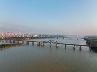 Fototapeta na wymiar Aerial view of Long Bien metal bridge in Hanoi, Vietnam in 2021