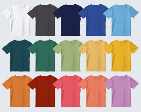 Kids T shirt Mockup, Kiddy T-shirt Vector Mock up, Kid Short Sleeve Shirt Template, Little One Tshirt Mockup on Color Background, 3d Textile, Front View Cloth, Store Mockup for Child T-shirt