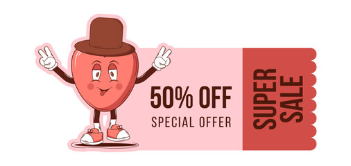 Voucher, cupon design for Retro Happy Valentines Day with Groovy lovely cartoon characters Heart. Love and romance concept for super sale. Trendy retro 60s 70s style. Red, pink colors. Vector