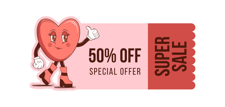 Voucher, cupon design for Retro Happy Valentines Day with Groovy lovely cartoon characters Heart. Love and romance concept for super sale. Trendy retro 60s 70s style. Red, pink colors. Vector