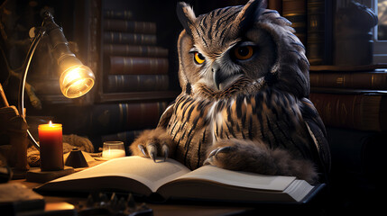 owl reading book in the library ar night