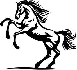 Black and white illustration of a jumping stallion, vector drawing of a stallion