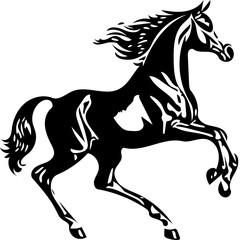 Black and white illustration of a jumping stallion, vector drawing of a stallion