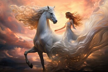 Women seen with majestic white horse - obrazy, fototapety, plakaty