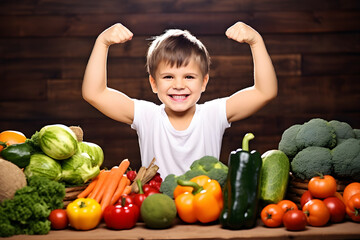 Fototapeta premium Healthy sporty boy with fruits and vegetables.