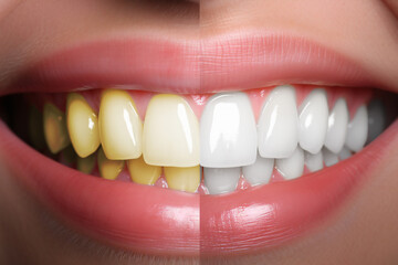 ホワイトニングの効果：黄ばんだ歯と白い歯の比較.