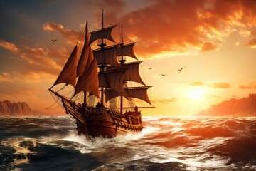 Pirate ship sailing on the ocean at sunset. Vintage cruise.