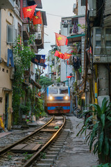 Hanoi train street, old house and railroad in Hanoi, Vietnam