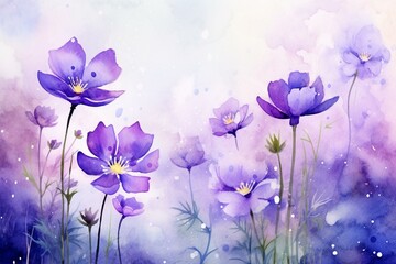 Fototapeta na wymiar Watercolor painting of violet flowers blooming in spring, surrounded by bokeh background. Generative AI