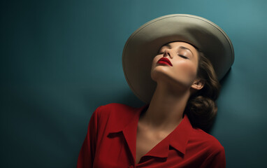 Portrait of young lady in an elegant hat with a red lips on a blue background