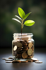 seedling in a glass. saving money and growing concept. business finance background.