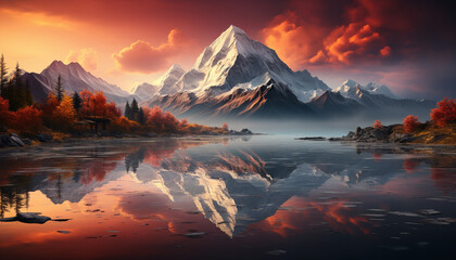 Fototapeta na wymiar Majestic mountain peak reflects in tranquil water, nature beauty generated by AI