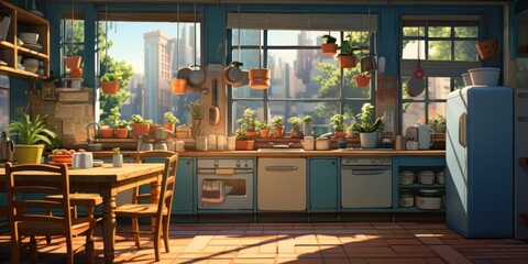 Fototapeta na wymiar digital painting of sunlight on a kitchen window, generative AI