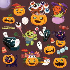 Vintage Halloween poster design with vector ghost, cat, pumpkin character set. 