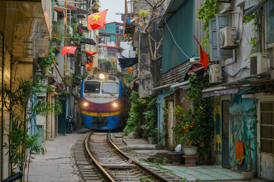Hanoi train street, old house and railroad in Hanoi, Vietnam