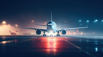 Night airfield preparing for takeoff of a private plane - obrazy, fototapety, plakaty