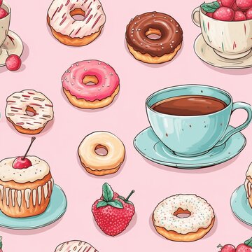 Cute donuts of various flavors and coffee cups isolated on white wood background.Donut Lover.coffee break.