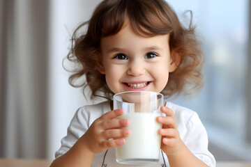 Cute little Asian girl holding a glass of milk in her hands