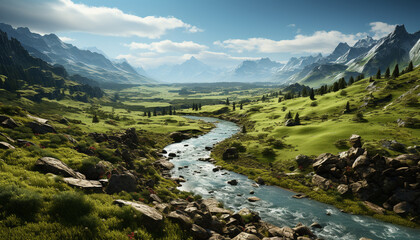 Fototapeta na wymiar Majestic mountain range, green meadow, flowing water, tranquil scene generated by AI