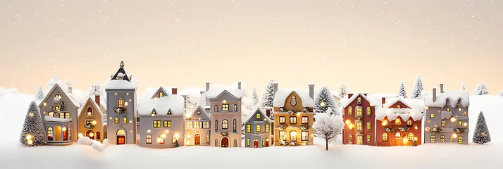 Rolgordijnen Ornate streetscape of white houses illuminated by Christmas lights. © Doraway